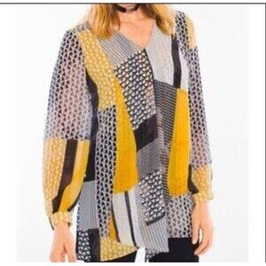 Chico's Geo Patchwork Tunic Blouse V-Neck Yellow Black White w Cami Size 4 XXL